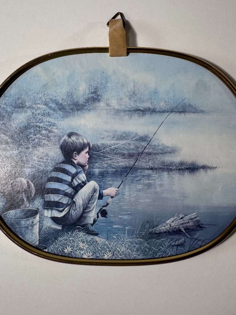 Vintage Fishing Boy & Dog Oval Wall Plaque Cottagecore Decor - Picture 2 of 6